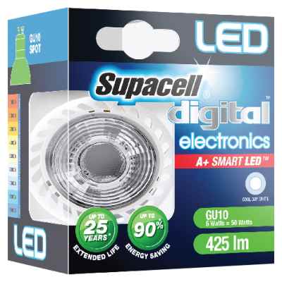SUPACELL LED DIGITAL SPOT GU10 PIN 5W COOL WH