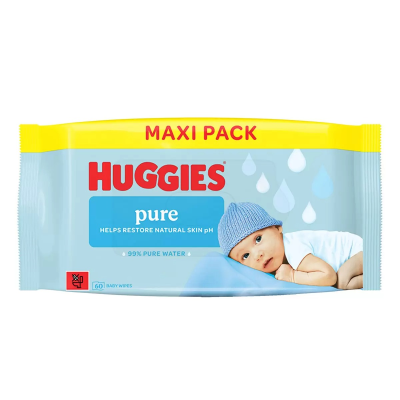 HUGGIES PURE PLASTIC FREE BABY WIPES 60'S X 1