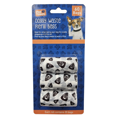 PET TOUCH DOGGY WASTE REFILL BAGS PRINTED 3PK