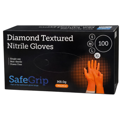 SAFEGRIP ORANGE DIAMOND 8G NITRILE GLOVES 100S - LARGE